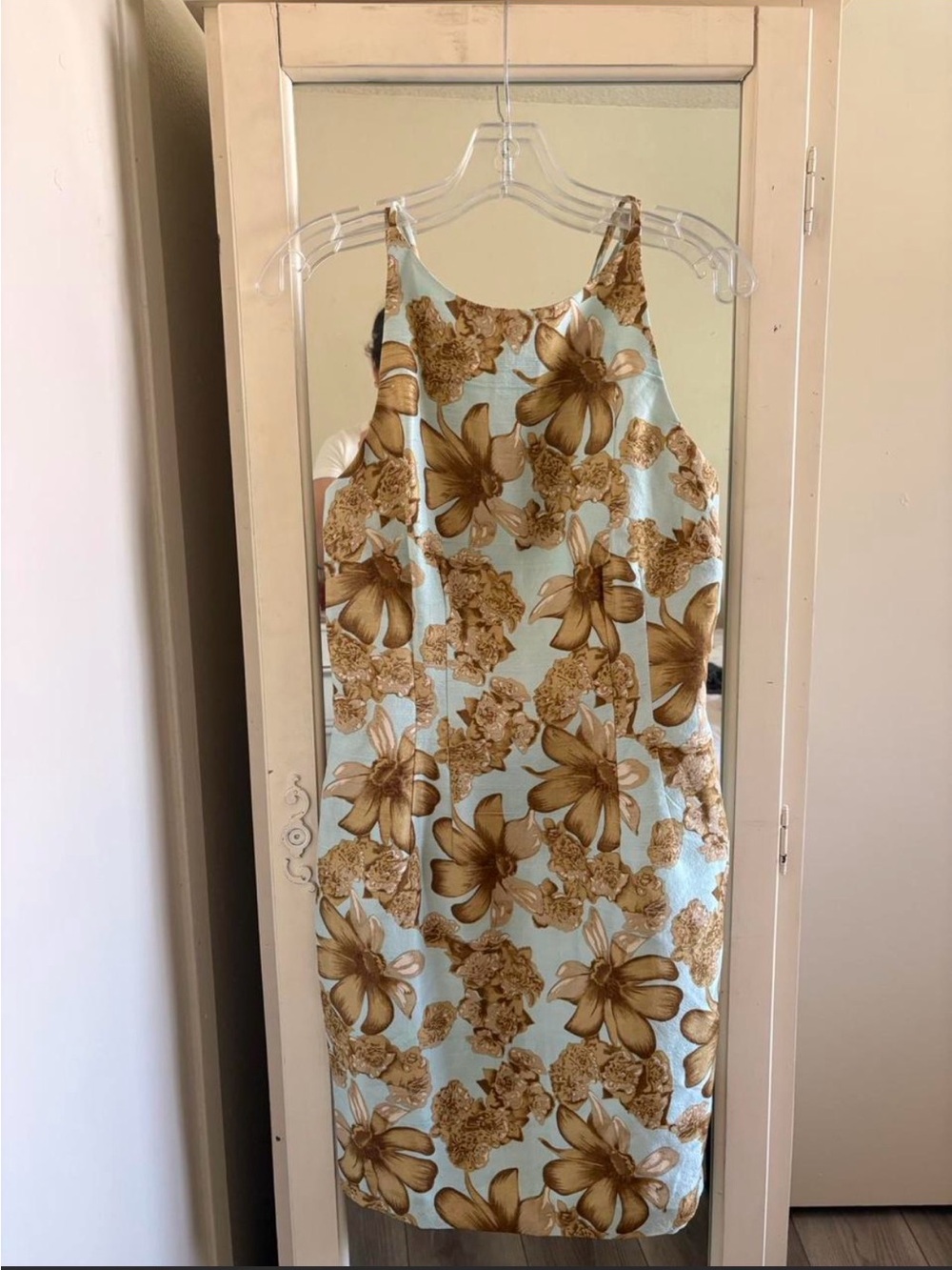 Geary Roark Kamisato Light Blue Floral Silk Dress with Tan Blossom Print